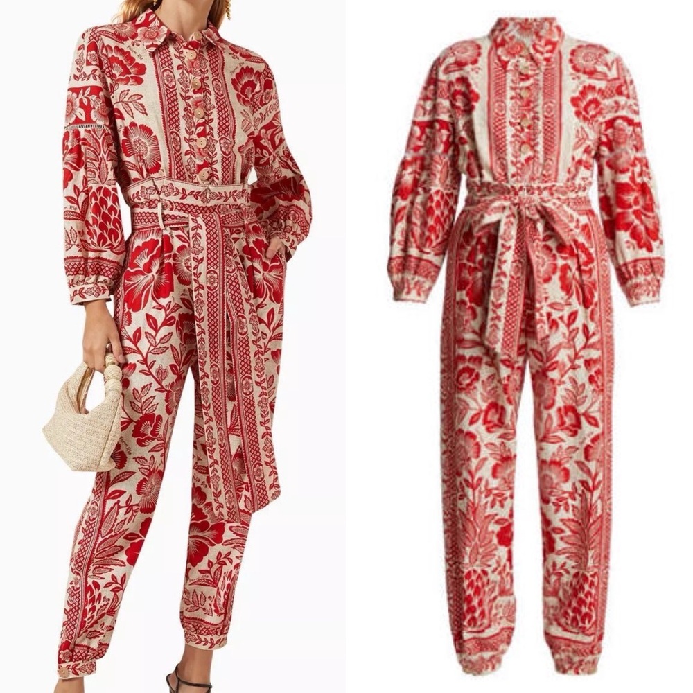 Farm Rio Linen Blend Red and Ivory Pineapple Print Jumpsuit Size M